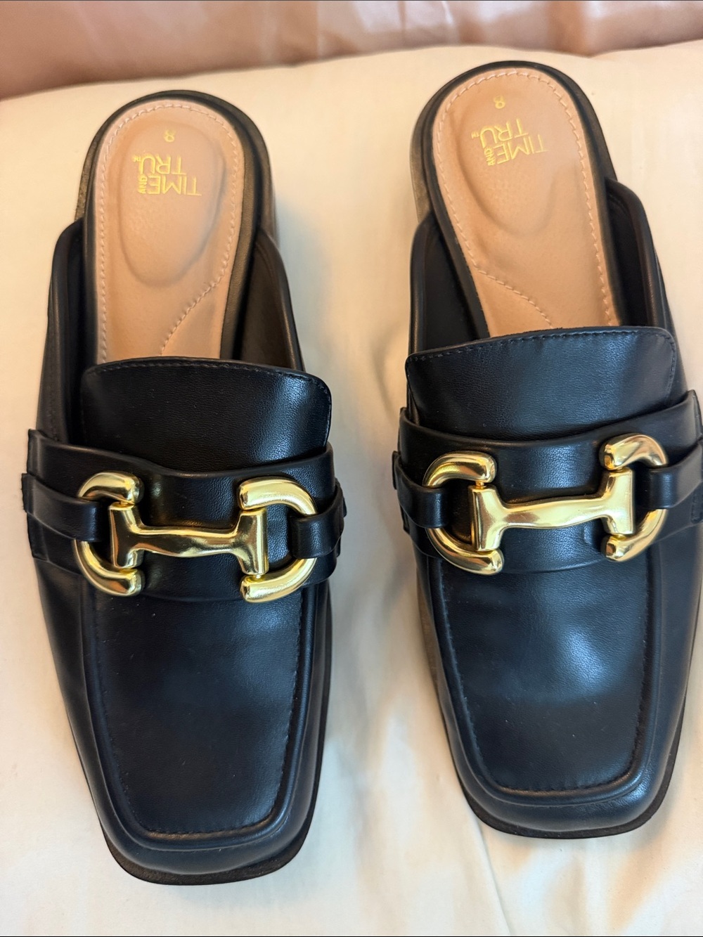 Time and Tru Black Slip-On Mules with Gold Bit